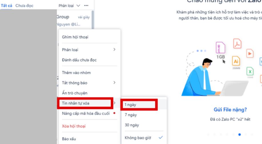 Hướng dẫn tin nhắn tự xoá trong Zalo Hướng dẫn tin nhắn tự xoá trong Zalo