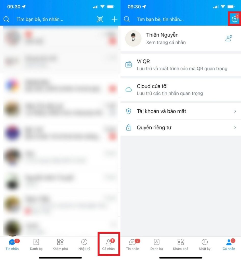 truy cập cài đặt zalo