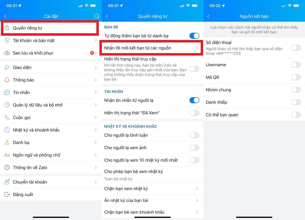 tắt tất cả các nguồn tìm kiếm tài khoản Zalo