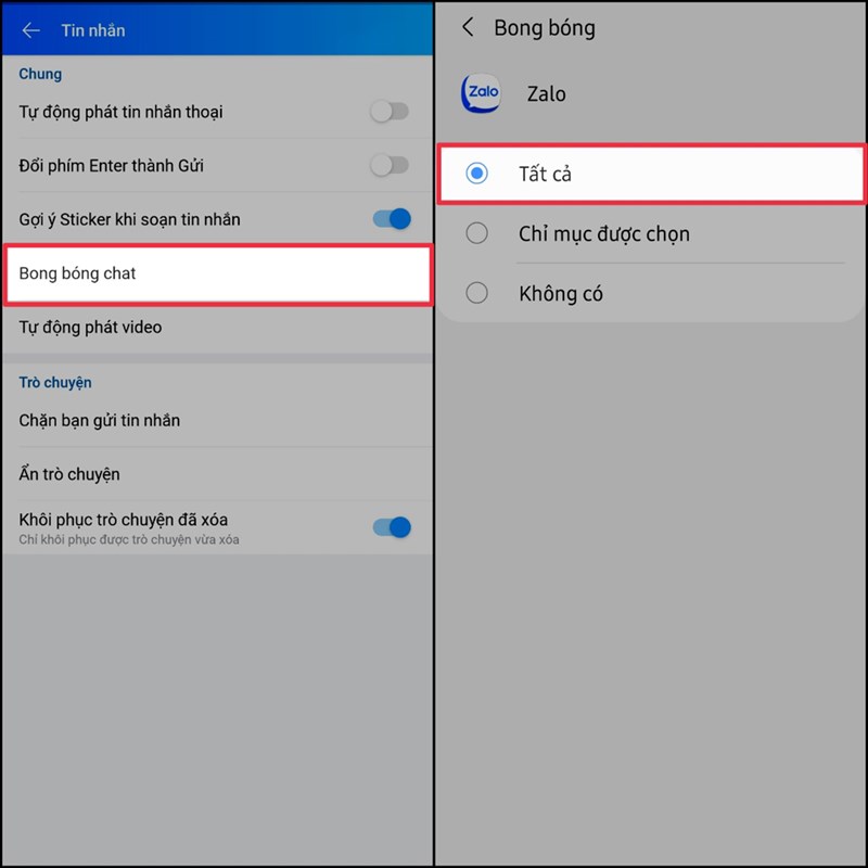 Cách bật bong bóng chat Zalo mới nhất 2024 4 Chọn Tất cả hoặc Chỉ mục được chọn