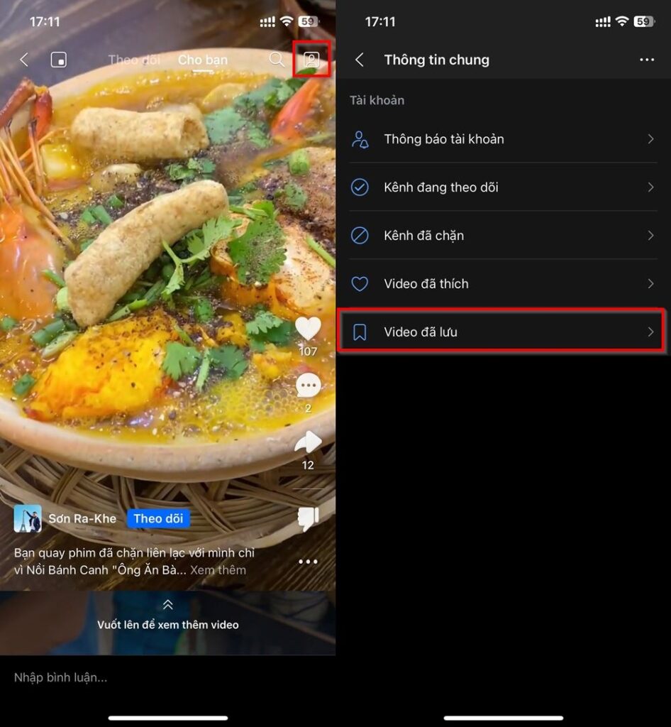 nhấp vào video đã lưu