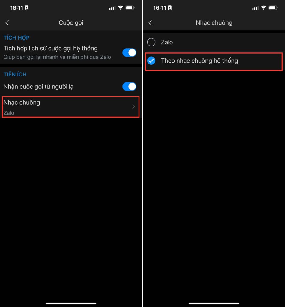 chọn theo nhạc chuông hệ thống