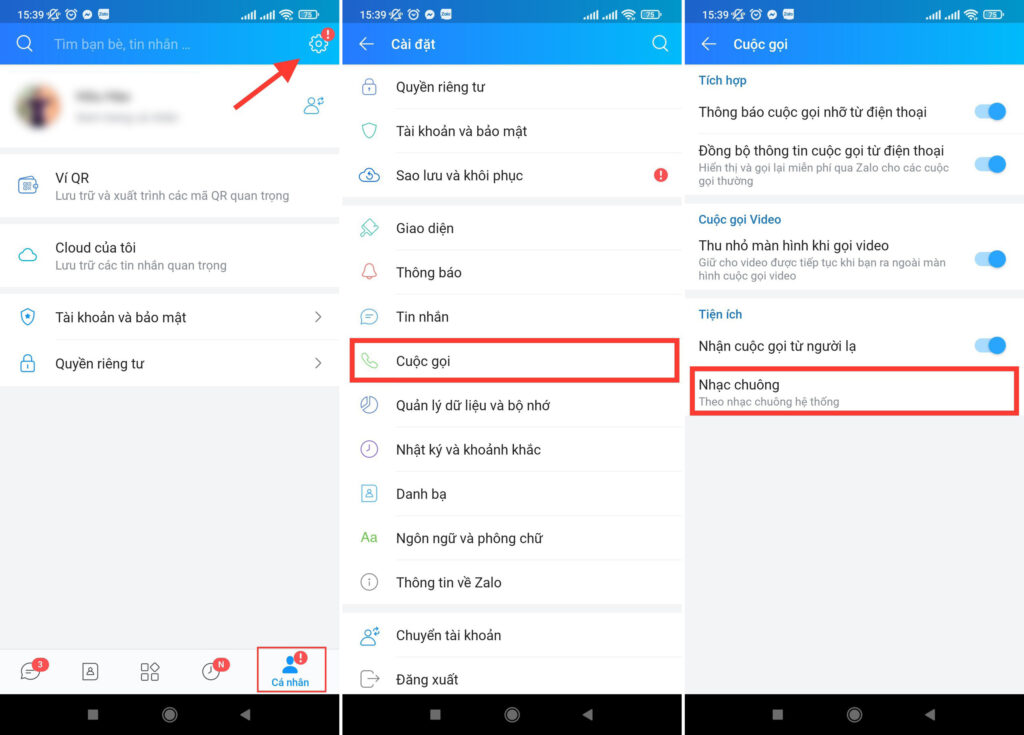 truy cập cài đặt cuộc gọi Zalo