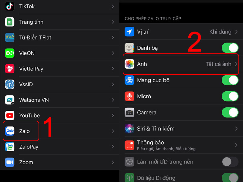vào cài đặt để cấp quyền truy cập ảnh