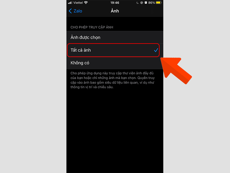 cho phép truy cập tất cả ảnh